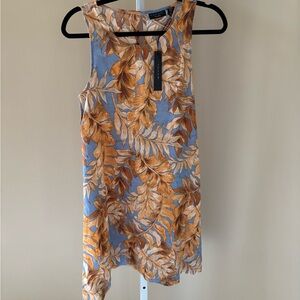 Tahari Blue and Gold Leaf Print Tank Top